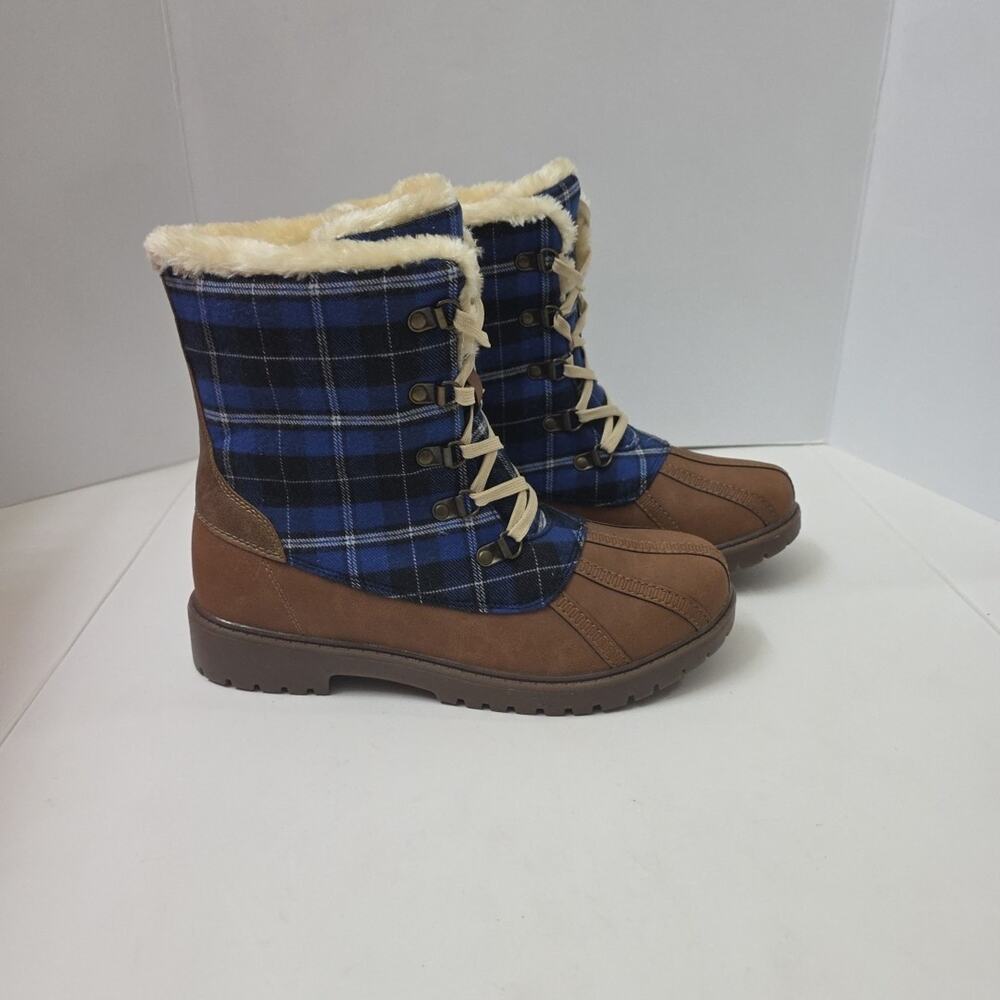 Plaid Lace-Up Winter Duck Boots w/ Faux Fur Lining Size 9.5 Brown & Blue - Picture 1 of 10